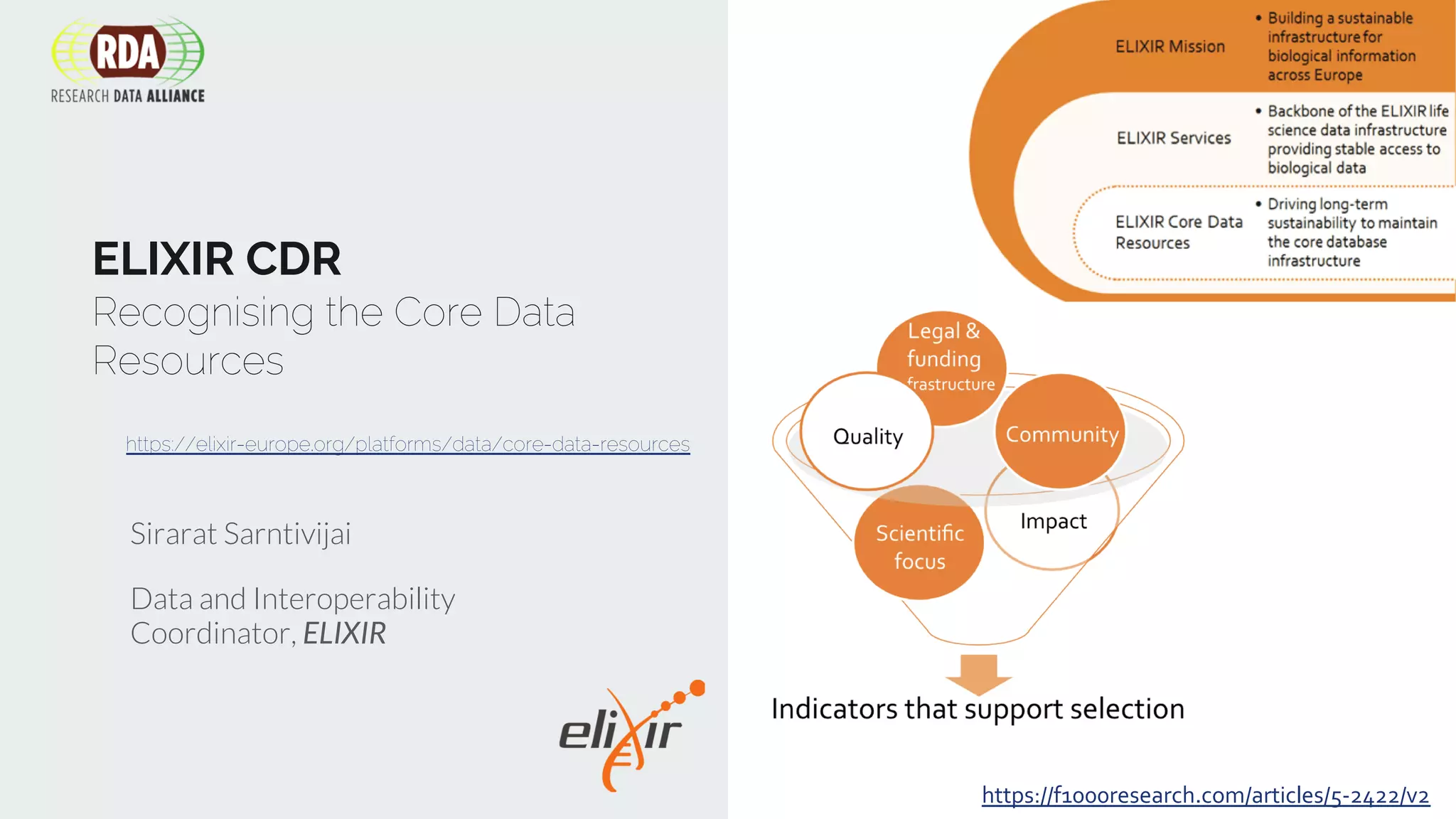 ELIXIR CDR
Recognising the Core Data
Resources
https://elixir-europe.org/platforms/data/core-data-resources
Sirarat Sarntivijai
Data and Interoperability
Coordinator, ELIXIR
https://f1000research.com/articles/5-2422/v2
 