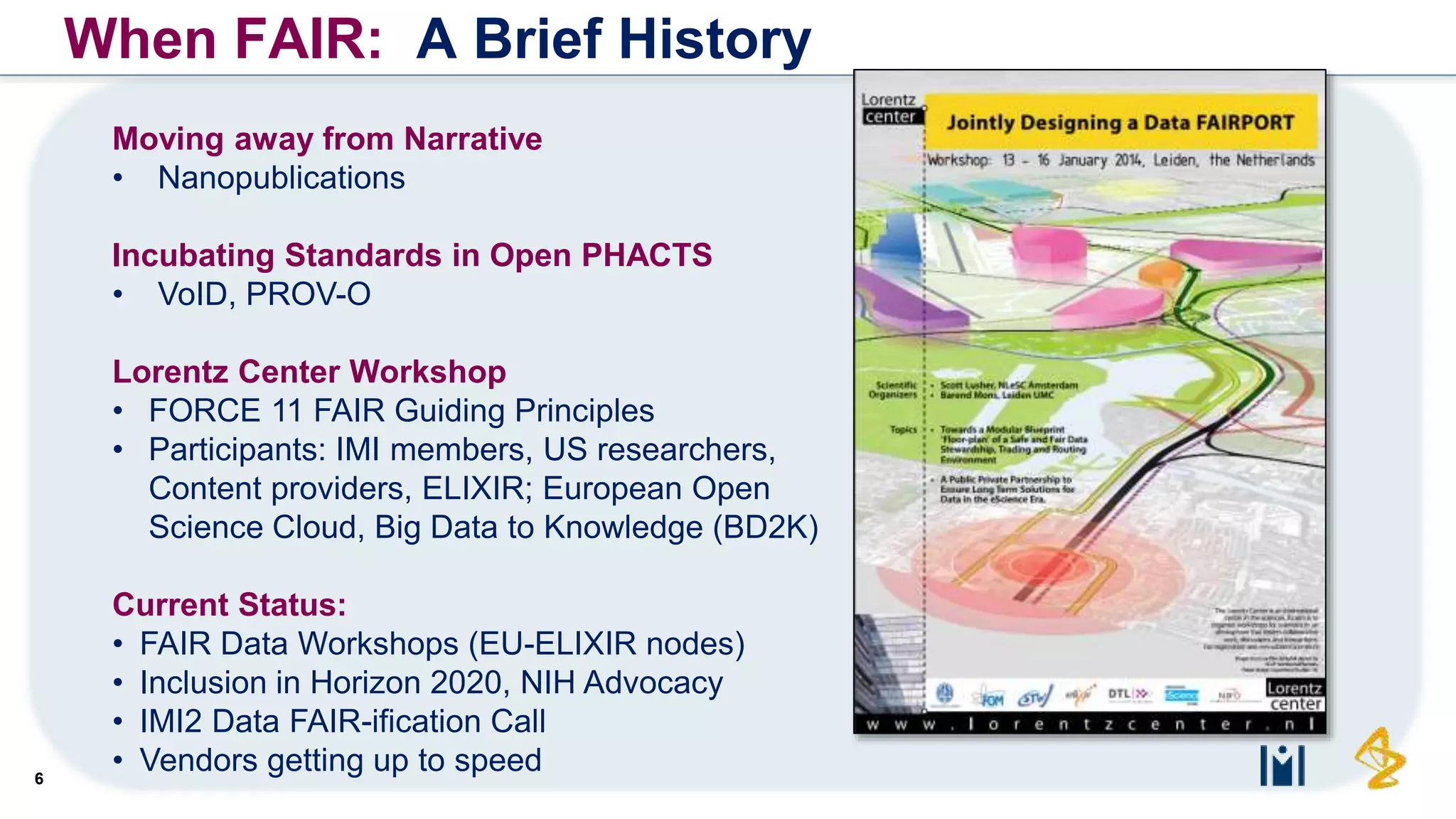 6
When FAIR: A Brief History
Moving away from Narrative
• Nanopublications
Incubating Standards in Open PHACTS
• VoID, PROV-O
Lorentz Center Workshop
• FORCE 11 FAIR Guiding Principles
• Participants: IMI members, US researchers,
Content providers, ELIXIR; European Open
Science Cloud, Big Data to Knowledge (BD2K)
Current Status:
• FAIR Data Workshops (EU-ELIXIR nodes)
• Inclusion in Horizon 2020, NIH Advocacy
• IMI2 Data FAIR-ification Call
• Vendors getting up to speed
 