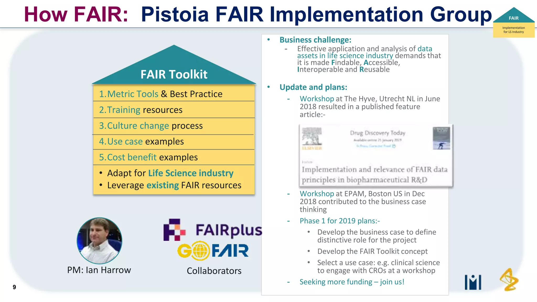 9
How FAIR: Pistoia FAIR Implementation Group
• Business challenge:
- Effective application and analysis of data
assets in life science industry demands that
it is made Findable, Accessible,
Interoperable and Reusable
• Update and plans:
- Workshop at The Hyve, Utrecht NL in June
2018 resulted in a published feature
article:-
- Workshop at EPAM, Boston US in Dec
2018 contributed to the business case
thinking
- Phase 1 for 2019 plans:-
• Develop the business case to define
distinctive role for the project
• Develop the FAIR Toolkit concept
• Select a use case: e.g. clinical science
to engage with CROs at a workshop
- Seeking more funding – join us!
PM: Ian Harrow Collaborators
1.Metric Tools & Best Practice
2.Training resources
3.Culture change process
4.Use case examples
5.Cost benefit examples
• Adapt for Life Science industry
• Leverage existing FAIR resources
FAIR Toolkit
Implementation
for LS Industry
FAIR
 