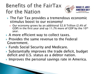The Fair Tax provides a tremendous economic stimulus boost to our economy!Our economy grows by an additional $2.8 Trillion (2.4% of GDP) in the first year and up 11.7% more of GDP by the 10th year.A more efficient way to collect taxes.Provides the same revenue to the Federal Government.Funds Social Security and Medicare.Substantially improves the trade deficit, budget deficit and U.S. status as a debtor nation.Improves the personal savings rate in America.Benefits of the FairTax for the Nation