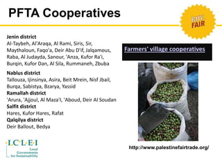 PFTA Cooperatives 
Farmers' village cooperatives 
Jenin district 
Al-Taybeh, Al'Araqa, Al Rami, Siris, Sir, 
Maythaloun, Faqo'a, Deir Abu D'if, Jalqamous, 
Raba, Al Judayda, Sanour, 'Anza, Kufor Ra'i, 
Burqin, Kufor Dan, Al Sila, Rummaneh, Zbuba 
Nablus district 
Tallouza, Ijinsinya, Asira, Beit Mrein, Nisf Jbail, 
Burqa, Sabistya, Bzarya, Yassid 
Ramallah district 
'Arura, 'Ajjoul, Al Maza'I, 'Aboud, Deir Al Soudan 
Salfit district 
Hares, Kufor Hares, Rafat 
Qalqilya district 
Deir Ballout, Bedya 
http://www.palestinefairtrade.org/ 
 