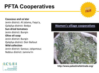 Women's village cooperatives 
PFTA Cooperatives 
Couscous and za'atar 
Jenin district: Al Jalama, Faqo'a, 
Qalqilya district: Bedya 
Sun-dried tomatoes 
Jenin district: Burqin 
Olive oil soap 
Jenin district: Burqin 
Qalqilya district: Deir Ballout 
Wild collection 
Jenin district: Sanour, Jalqamous 
Nablus district: Jamma'in 
http://www.palestinefairtrade.org/ 
 