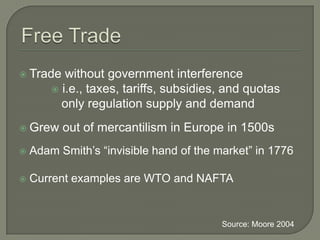 Free TradeTrade without government interference i.e., taxes, tariffs, subsidies, and quotas   only regulation supply and demandGrew out of mercantilism in Europe in 1500s Adam Smith’s “invisible hand of the market” in 1776Current examples are WTO and NAFTA Source: Moore 2004