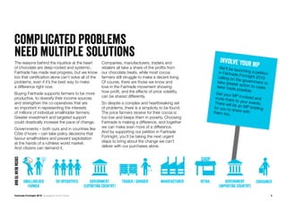 4Fairtrade Fortnight 2019 Campaigner Action Guide
The reasons behind the injustice at the heart
of chocolate are deep-rooted and systemic.
Fairtrade has made real progress, but we know
too that certification alone can’t solve all of the
problems, even if it’s the best way to make
a difference right now.
Buying Fairtrade supports farmers to be more
productive, to diversify their income sources
and strengthen the co-operatives that are
so important in representing the interests
of millions of individual smallholder farmers.
Greater investment and targeted support
could drastically increase the pace of change.
Governments – both ours and in countries like
Côte d’Ivoire – can take policy decisions that
favour smallholders and prevent exploitation
at the hands of a ruthless world market.
And citizens can demand it.
Companies, manufacturers, traders and
retailers all take a share of the profits from
our chocolate treats, while most cocoa
farmers still struggle to make a decent living.
Of course, there are those we know and
love in the Fairtrade movement showing
how profit, and the effects of price volatility,
can be shared differently.
So despite a complex and heartbreaking set
of problems, there is a simplicity to be found.
The price farmers receive for their cocoa is
too low and keeps them in poverty. Choosing
Fairtrade is making a difference, and together
we can make even more of a difference.
And by supporting our petition in Fairtrade
Fortnight, you’ll be taking the next urgent
steps to bring about the change we can’t
deliver with our purchases alone.
Complicated problems
need multiple solutions Involve your MPWe’ll be launching a petitionin Fairtrade Fortnight 2019calling on the government totake greater action to makefairer trade possible.
Get your MP involved andinvite them to your events.There will be an MP briefingfor you to share withthem too.
cocoabeantobar
Smallholder
Farmer
government
(Exporting country)
government
(Importing country)
consumertrader / grinder manufacturer retailco-operatives
 