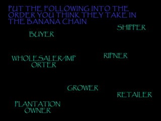 BUYER RETAILER SHIPPER GROWER RIPNER WHOLESALER/IMPORTER PLANTATION OWNER PUT THE FOLLOWING INTO THE ORDER YOU THINK THEY TAKE IN THE BANANA CHAIN 
