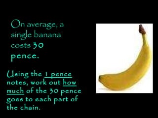 On average, a single banana costs  30 pence.   Using the  1 pence  notes, work out  how much  of the 30 pence goes to each part of the chain. 