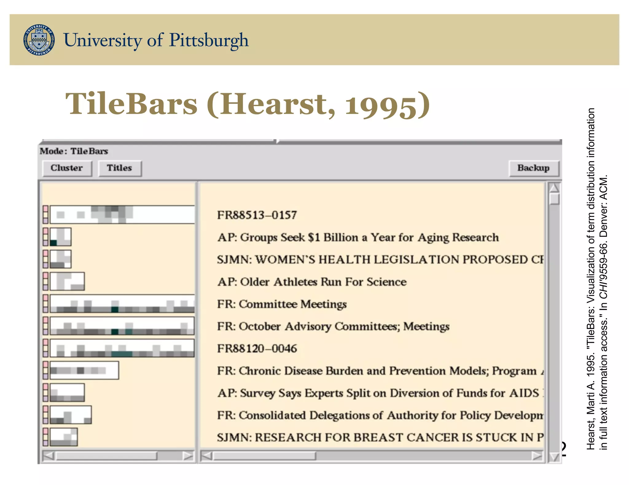 TileBars (Hearst, 1995)
12
Hearst,MartiA.1995."TileBars:Visualizationoftermdistributioninformation
infulltextinformationaccess."InCHI'9559-66.Denver:ACM.
 