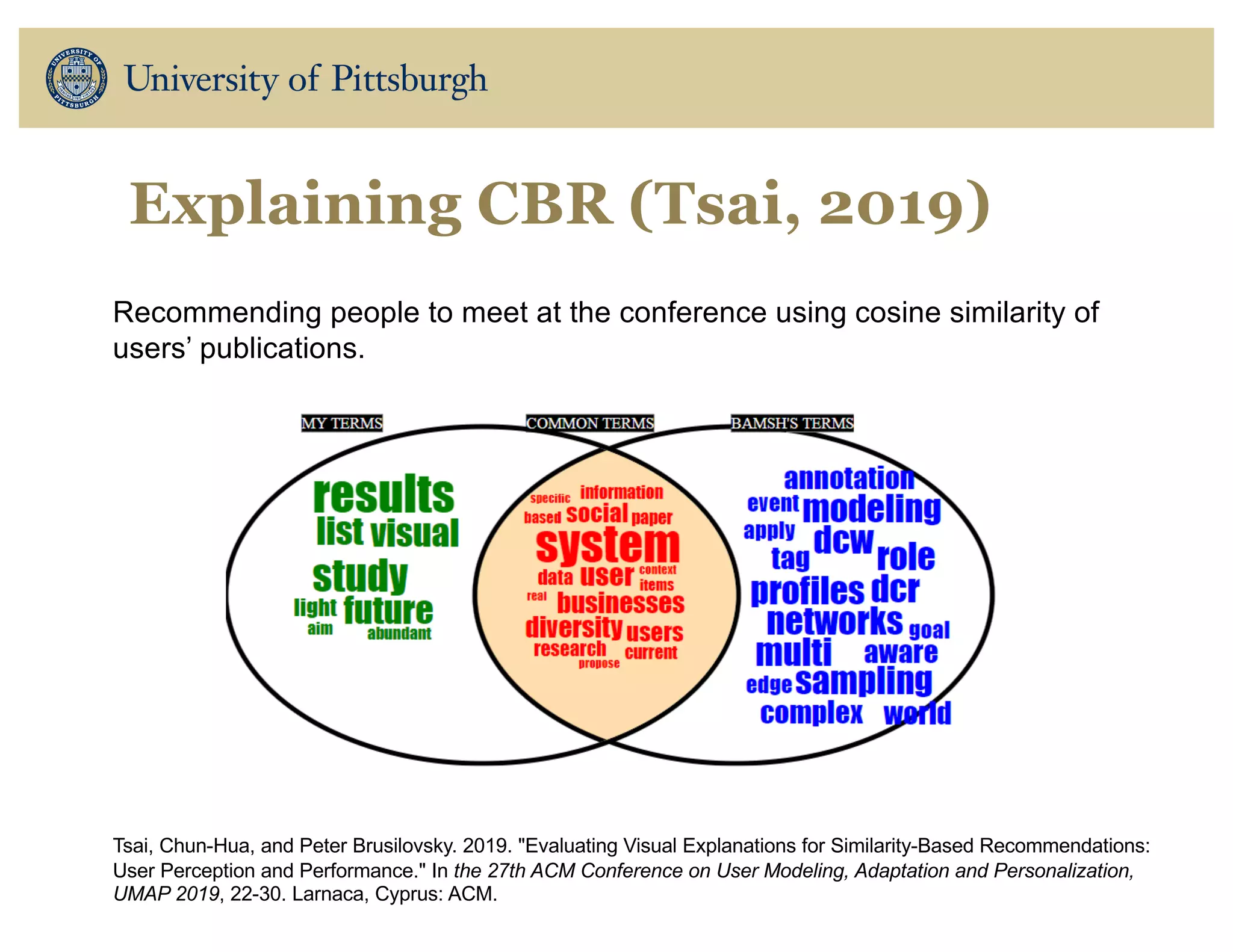 Explaining CBR (Tsai, 2019)
Recommending people to meet at the conference using cosine similarity of
users’ publications.
Tsai, Chun-Hua, and Peter Brusilovsky. 2019. "Evaluating Visual Explanations for Similarity-Based Recommendations:
User Perception and Performance." In the 27th ACM Conference on User Modeling, Adaptation and Personalization,
UMAP 2019, 22-30. Larnaca, Cyprus: ACM.
 