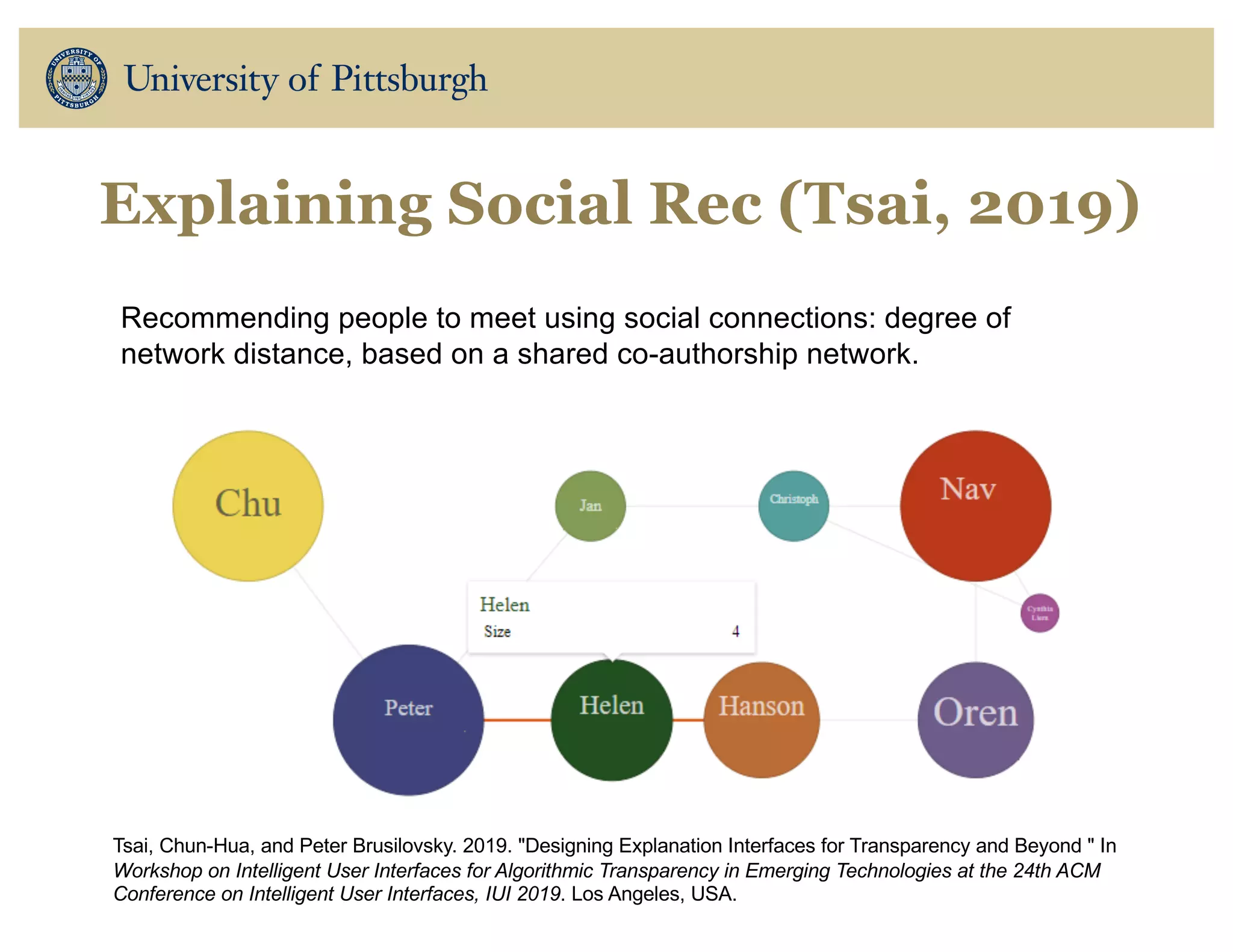Explaining Social Rec (Tsai, 2019)
Recommending people to meet using social connections: degree of
network distance, based on a shared co-authorship network.
Tsai, Chun-Hua, and Peter Brusilovsky. 2019. "Designing Explanation Interfaces for Transparency and Beyond " In
Workshop on Intelligent User Interfaces for Algorithmic Transparency in Emerging Technologies at the 24th ACM
Conference on Intelligent User Interfaces, IUI 2019. Los Angeles, USA.
 