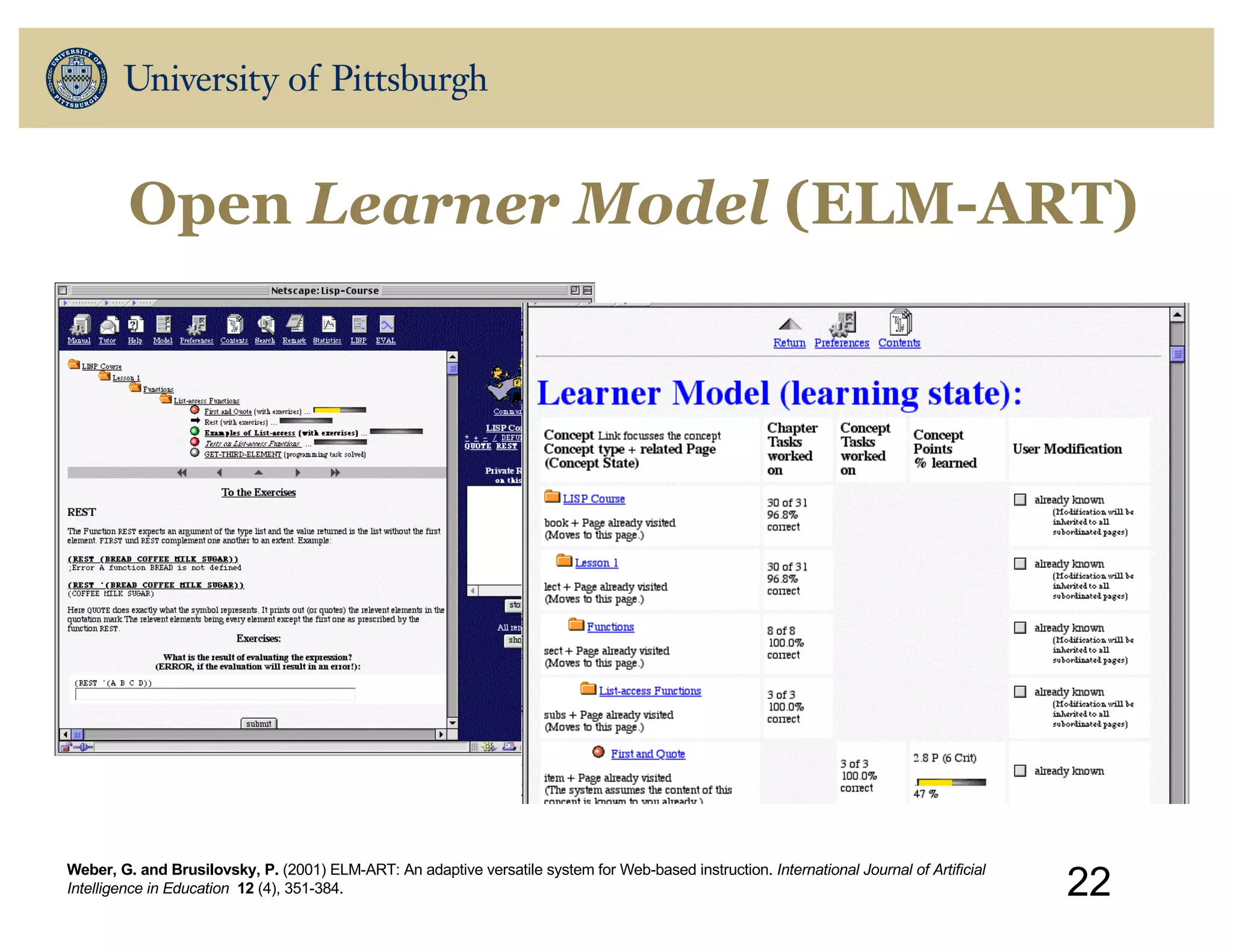 Open Learner Model (ELM-ART)
22
Weber, G. and Brusilovsky, P. (2001) ELM-ART: An adaptive versatile system for Web-based instruction. International Journal of Artificial
Intelligence in Education 12 (4), 351-384.
 