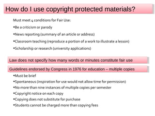    How do I use copyright protected materials? Must meet 4 conditions for Fair Use: Be a criticism or parody News reporting (summary of an article or address) Classroom teaching (reproduce a portion of a work to illustrate a lesson) Scholarship or research (university applications) Law does not specify how many words or minutes constitute fair use Guidelines endorsed by Congress in 1976 for education – multiple copies Must be brief Spontaneous (inspiration for use would not allow time for permission) No more than nine instances of multiple copies per semester Copyright notice on each copy Copying does not substitute for purchase Students cannot be charged more than copying fees 