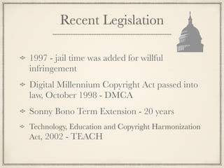 Non-Protected Works
         Cannot be Copyrighted


Ideas
Facts
Titles
Names
Short Phrases
 