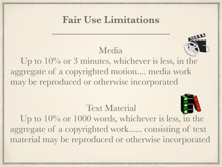 Student Use:

   Students may perform and display their own
  educational multimedia projects created under
 Section 2 of these guidelines for educational uses
in the course for which they were created and may
  use them in their own portfolios as examples of
their academic work for later personal uses such as
        job and graduate school interviews
 