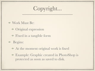 Clearing Up
         Copyright Misconceptions

Registration is NOT required.
Copyright Symbol is NOT required.
Permission for use is REQUIRED from the copyright holder
regardless of:
  Size/Amount of material used.
  Credit given to creator.
  Intent of user is positive or beneficial.
  Free or non-profit use.
  Availability on the WWW.
 