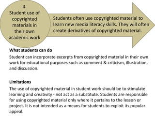 4. Student use of copyrighted materials in their own academic workStudents often use copyrighted material to learn new media literacy skills. They will often create derivatives of copyrighted material.What students can doStudent can incorporate excerpts from copyrighted material in their own work for educational purposes such as comment & criticism, illustration, and discussion.LimitationsThe use of copyrighted material in student work should be to stimulate learning and creativity - not act as a substitute. Students are responsible for using copyrighted material only where it pertains to the lesson or project. It is not intended as a means for students to exploit its popular appeal. 