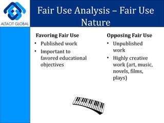 Fair Use Analysis – Fair Use Nature Favoring Fair Use Published work Important to favored educational objectives Opposing Fair Use Unpublished work Highly creative work (art, music, novels, films, plays)  