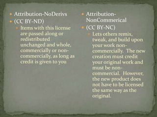 Attribution-NoDerivs(CC BY-ND)Items with this license are passed along or redistributed unchanged and whole, commercially or non-commercially, as long as credit is given to youAttribution-NonCommerical(CC BY-NC)Lets others remix, tweak, and build upon your work non-commercially.  The new creation must credit your original work and must be non-commercial.  However, the new product does not have to be licensed the same way as the original.
