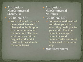Attribution-NonCommercial-ShareAlike(CC BY-NC-SA)Your uploaded item can be remixed, tweaked, changed, or built upon in a non-commercial manner only.  The new work must credit the original work and it must be licensed under the same terms.Attribution-NonCommercial-NoDerivs(CC BY-NC-ND)Someone can download and share your item when they credit you for your work.  The item cannot be changed, cannot be used commercially, and must be licensed in the same way.Most Restrictive