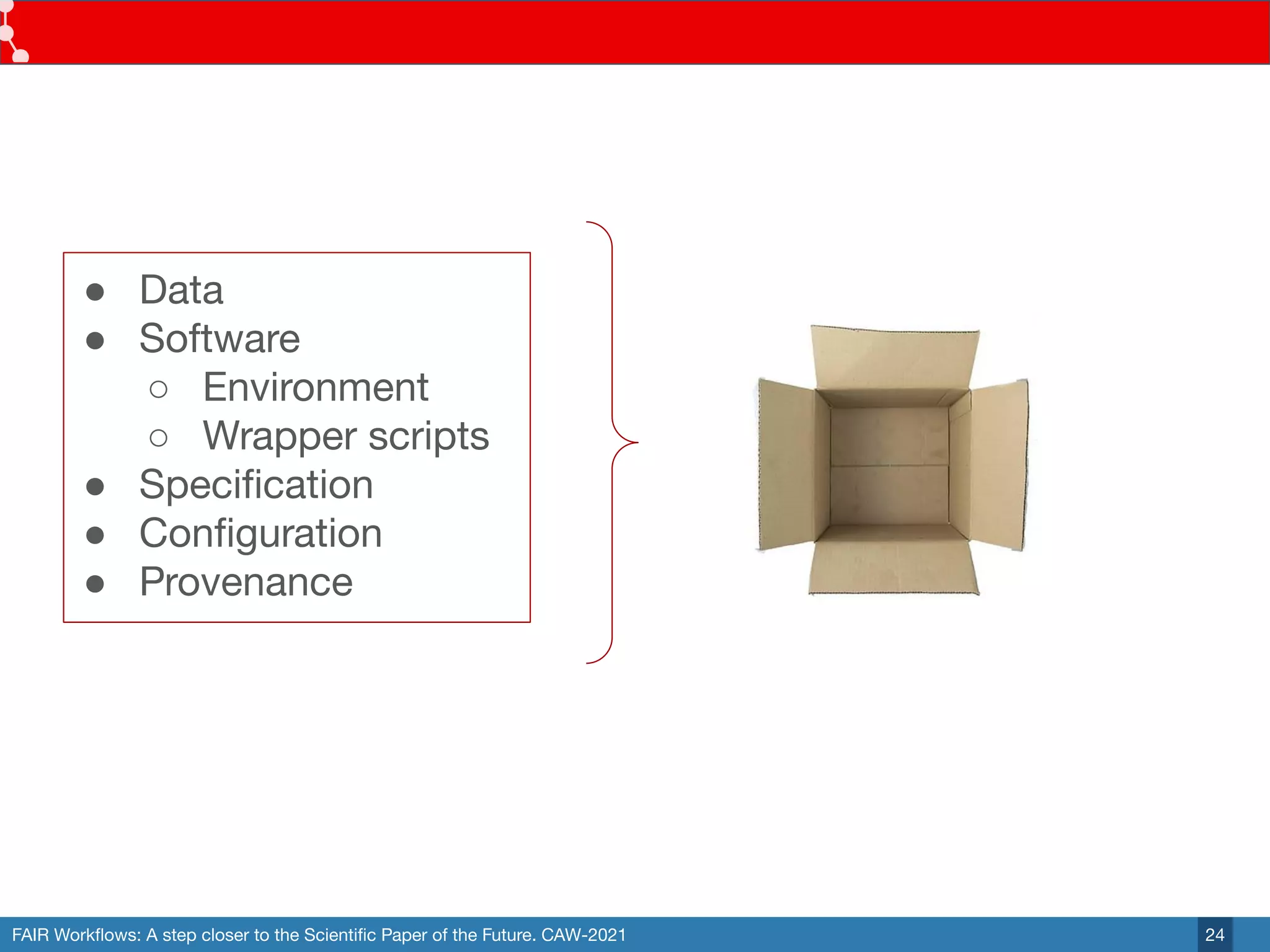 FAIR Workﬂows: A step closer to the Scientiﬁc Paper of the Future. CAW-2021 24
● Data
● Software
○ Environment
○ Wrapper scripts
● Speciﬁcation
● Conﬁguration
● Provenance
 