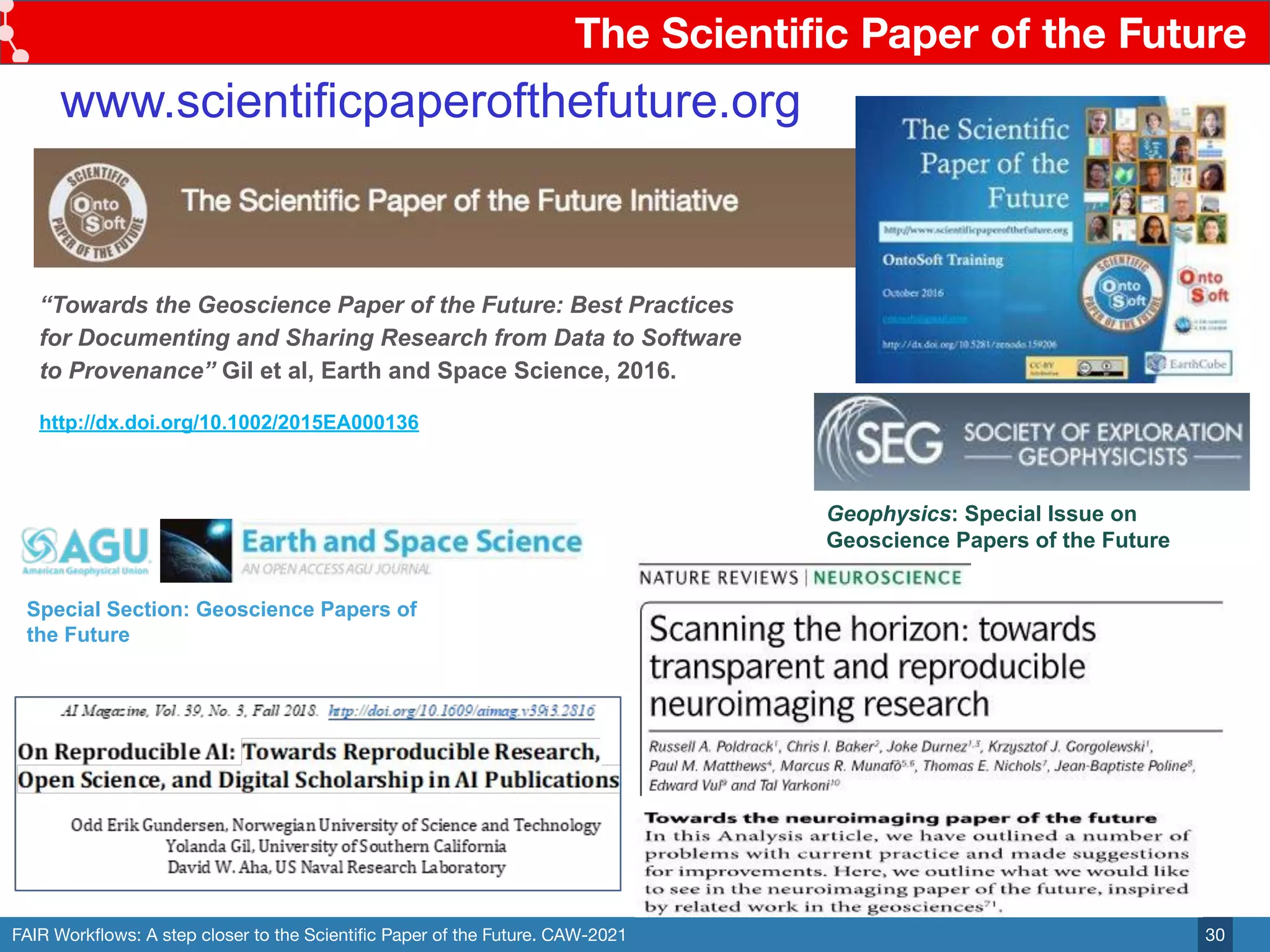 FAIR Workﬂows: A step closer to the Scientiﬁc Paper of the Future. CAW-2021
The Scientiﬁc Paper of the Future
30
www.scientificpaperofthefuture.org
“Towards the Geoscience Paper of the Future: Best Practices
for Documenting and Sharing Research from Data to Software
to Provenance” Gil et al, Earth and Space Science, 2016.
http://dx.doi.org/10.1002/2015EA000136
Geophysics: Special Issue on
Geoscience Papers of the Future
Special Section: Geoscience Papers of
the Future
 