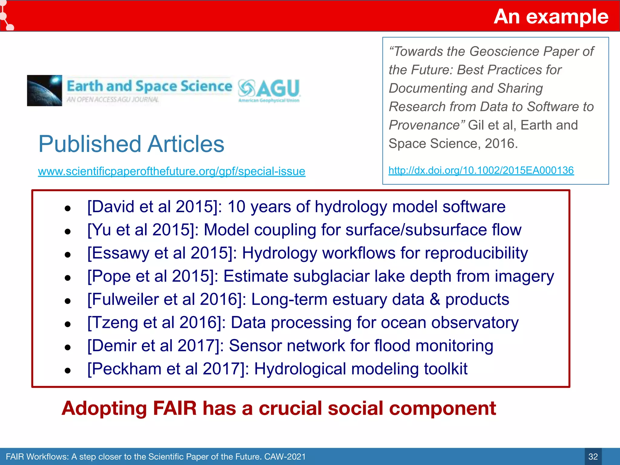 FAIR Workﬂows: A step closer to the Scientiﬁc Paper of the Future. CAW-2021
An example
32
Published Articles
www.scientificpaperofthefuture.org/gpf/special-issue
“Towards the Geoscience Paper of
the Future: Best Practices for
Documenting and Sharing
Research from Data to Software to
Provenance” Gil et al, Earth and
Space Science, 2016.
http://dx.doi.org/10.1002/2015EA000136
● [David et al 2015]: 10 years of hydrology model software
● [Yu et al 2015]: Model coupling for surface/subsurface flow
● [Essawy et al 2015]: Hydrology workflows for reproducibility
● [Pope et al 2015]: Estimate subglaciar lake depth from imagery
● [Fulweiler et al 2016]: Long-term estuary data & products
● [Tzeng et al 2016]: Data processing for ocean observatory
● [Demir et al 2017]: Sensor network for flood monitoring
● [Peckham et al 2017]: Hydrological modeling toolkit
Adopting FAIR has a crucial social component
 