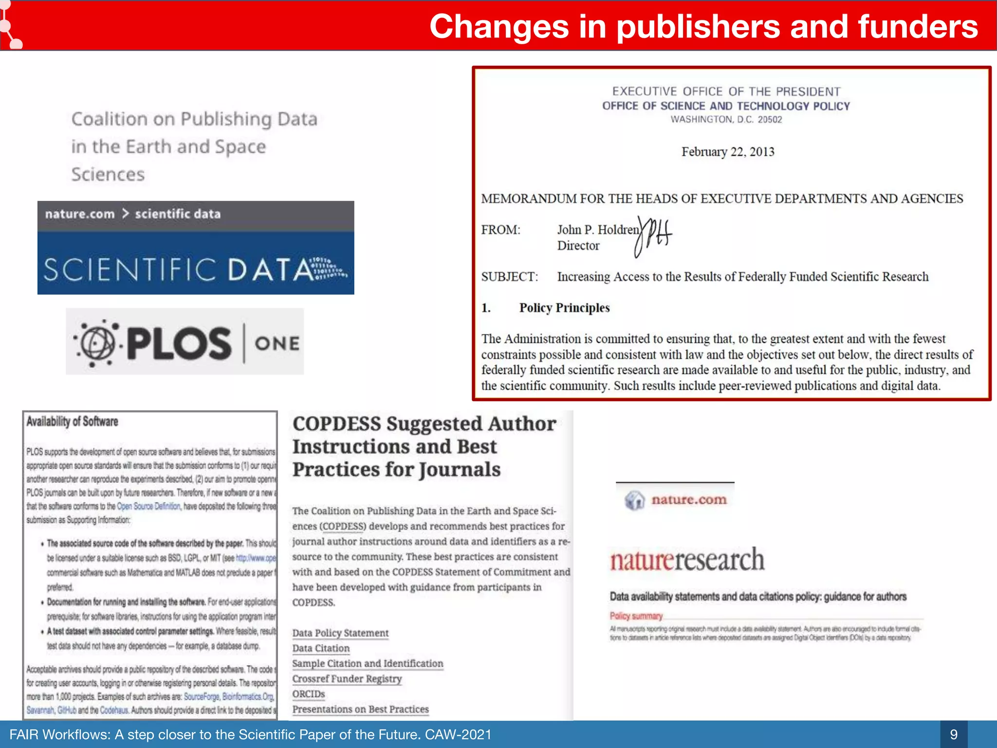 FAIR Workﬂows: A step closer to the Scientiﬁc Paper of the Future. CAW-2021
Changes in publishers and funders
9
 