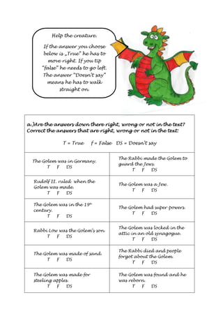 aaaa....))))AAAArrrreeee tttthhhheeee aaaannnnsssswwwweeeerrrrssss ddddoooowwwwnnnn tttthhhheeeerrrreeee rrrriiiigggghhhhtttt,,,, wwwwrrrroooonnnngggg oooorrrr nnnnooootttt iiiinnnn tttthhhheeee tttteeeexxxxtttt???? 
CCCCoooorrrrrrrreeeecccctttt tttthhhheeee aaaannnnsssswwwweeeerrrrssss tttthhhhaaaatttt aaaarrrreeee rrrriiiigggghhhhtttt,,,, wwwwrrrroooonnnngggg oooorrrr nnnnooootttt iiiinnnn tttthhhheeee tttteeeexxxxtttt:::: 
T = True f = False DS = Doesn’t say 
The Golem was in Germany. 
T F DS 
The Rabbi made the Golem to 
guard the Jews. 
T F DS 
Rudolf II. ruled when the 
Golem was made. 
T F DS 
The Golem was a Jew. 
T F DS 
The Golem was in the 19th 
century. 
T F DS 
The Golem had super-powers. 
T F DS 
Rabbi Löw was the Golem’s son. 
T F DS 
The Golem was locked in the 
attic in an old synagogue. 
T F DS 
The Golem was made of sand. 
T F DS 
The Rabbi died and people 
forgot about the Golem. 
T F DS 
The Golem was made for 
steeling apples. 
T F DS 
The Golem was found and he 
was reborn. 
T F DS 
Help the creature. 
If the answer you choose 
below is „True” he has to 
move right. If you tip 
“false” he needs to go left. 
The answer “Doesn’t say” 
means he has to walk 
straight on. 
 