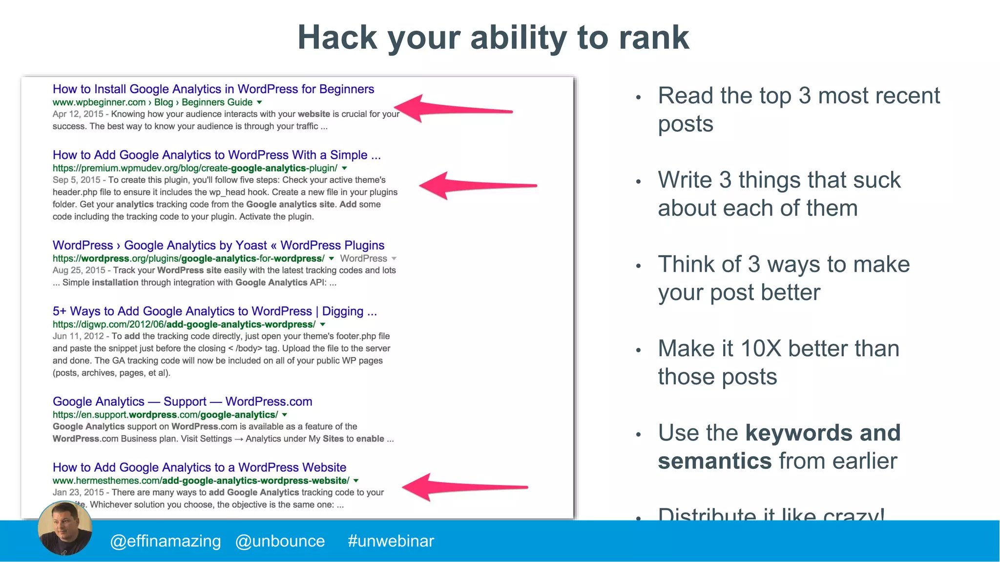 Hack your ability to rank
• Read the top 3 most recent
posts
• Write 3 things that suck
about each of them
• Think of 3 ways to make
your post better
• Make it 10X better than
those posts
• Use the keywords and
semantics from earlier
• Distribute it like crazy!
@effinamazing @unbounce #unwebinar
 
