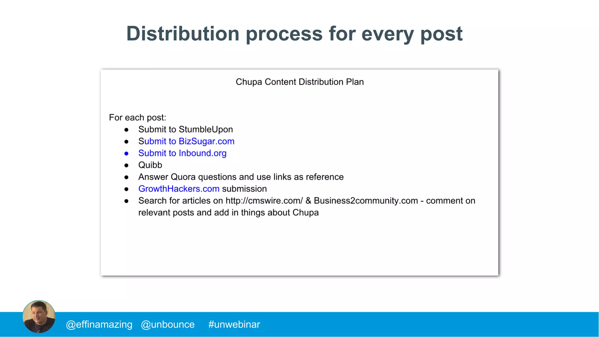 @effinamazing @unbounce #unwebinar
Distribution process for every post
 