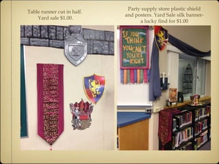 Table runner cut in half. 
Yard sale $1.00. 
Party supply store plastic shield 
and posters. Yard Sale silk banner-a 
lucky find for $1.00 
 