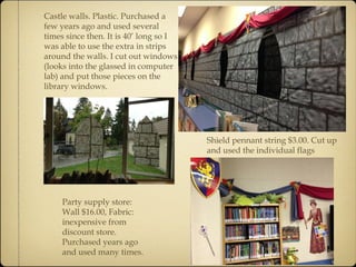 Castle walls. Plastic. Purchased a 
few years ago and used several 
times since then. It is 40’ long so I 
was able to use the extra in strips 
around the walls. I cut out windows 
(looks into the glassed in computer 
lab) and put those pieces on the 
library windows. 
Party supply store: 
Wall $16.00, Fabric: 
inexpensive from 
discount store. 
Purchased years ago 
and used many times. 
Shield pennant string $3.00. Cut up 
and used the individual flags 
 
