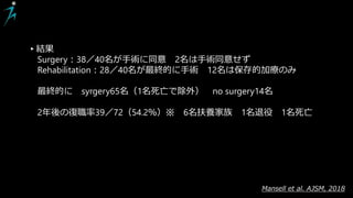 Mansell et al. AJSM, 2018
▸結果
Surgery：38／40名が手術に同意 2名は手術同意せず
Rehabilitation：28／40名が最終的に手術 12名は保存的加療のみ
最終的に syrgery65名（1名死亡で除外） no surgery14名
2年後の復職率39／72（54.2％）※ 6名扶養家族 1名退役 1名死亡
 