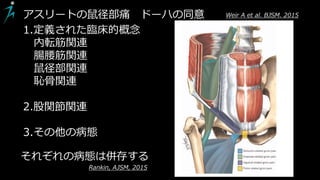 1.定義された臨床的概念
内転筋関連
腸腰筋関連
鼠径部関連
恥骨関連
2.股関節関連
3.その他の病態
アスリートの鼠径部痛 ドーハの同意 Weir A et al. BJSM. 2015
それぞれの病態は併存する
Rankin, AJSM, 2015
 