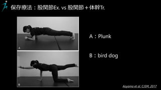Diagnostic accuracy
of clinical tests for the diagnosis of hip femoroacetabular
impingement/labral tear:
保存療法：股関節Ex. vs 股関節＋体幹Tr.
A：Plunk
B：bird dog
Aoyama et al. CJSM, 2017
 
