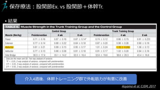 ▸結果
保存療法：股関節Ex. vs 股関節＋体幹Tr.
介入4週後、体幹トレーニング群で外転筋力が有意に改善
Aoyama et al. CJSM, 2017
 