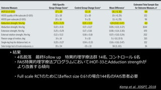 ▸結果
・4名脱落 最終Follow up 特異的理学療法群 14名, コントロール 6名
・FAIS特異的理学療法プログラムにおいてiHOT-33とAdduction strengthが
より改善する傾向
・Full scale RCTのためにはeffect size 0.61の場合144名のFAIS患者必要
Kemp et al. JOSPT, 2018
 