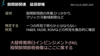 股関節関連 鼠径部痛
特定する
所見
股関節周囲の疼痛,ひっかかり,
クリック,可動域制限など
一つの所見で明らかとはならない
FABER, FADIR, ROMなどの所見を複合的に確認
症状
Weir A et al. BJSM. 2015
大腿骨寛骨臼インピンジメント(FAI),
股関節関節唇損傷はここに属する
 