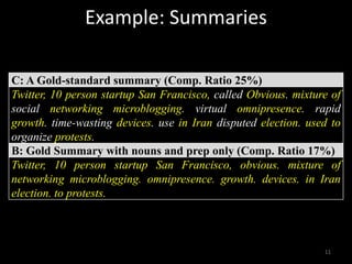 Example: Summaries

C: A Gold-standard summary (Comp. Ratio 25%)
Twitter, 10 person startup San Francisco, called Obvious....