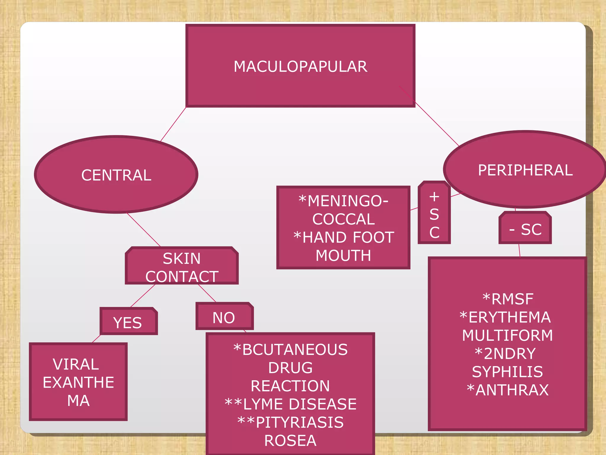 MACULOPAPULAR PERIPHERAL CENTRAL SKIN CONTACT YES NO VIRAL  EXANTHEMA *BCUTANEOUS DRUG REACTION **LYME DISEASE **PITYRIASIS ROSEA *MENINGO- COCCAL *HAND FOOT MOUTH *RMSF *ERYTHEMA  MULTIFORM *2NDRY  SYPHILIS *ANTHRAX + SC - SC 