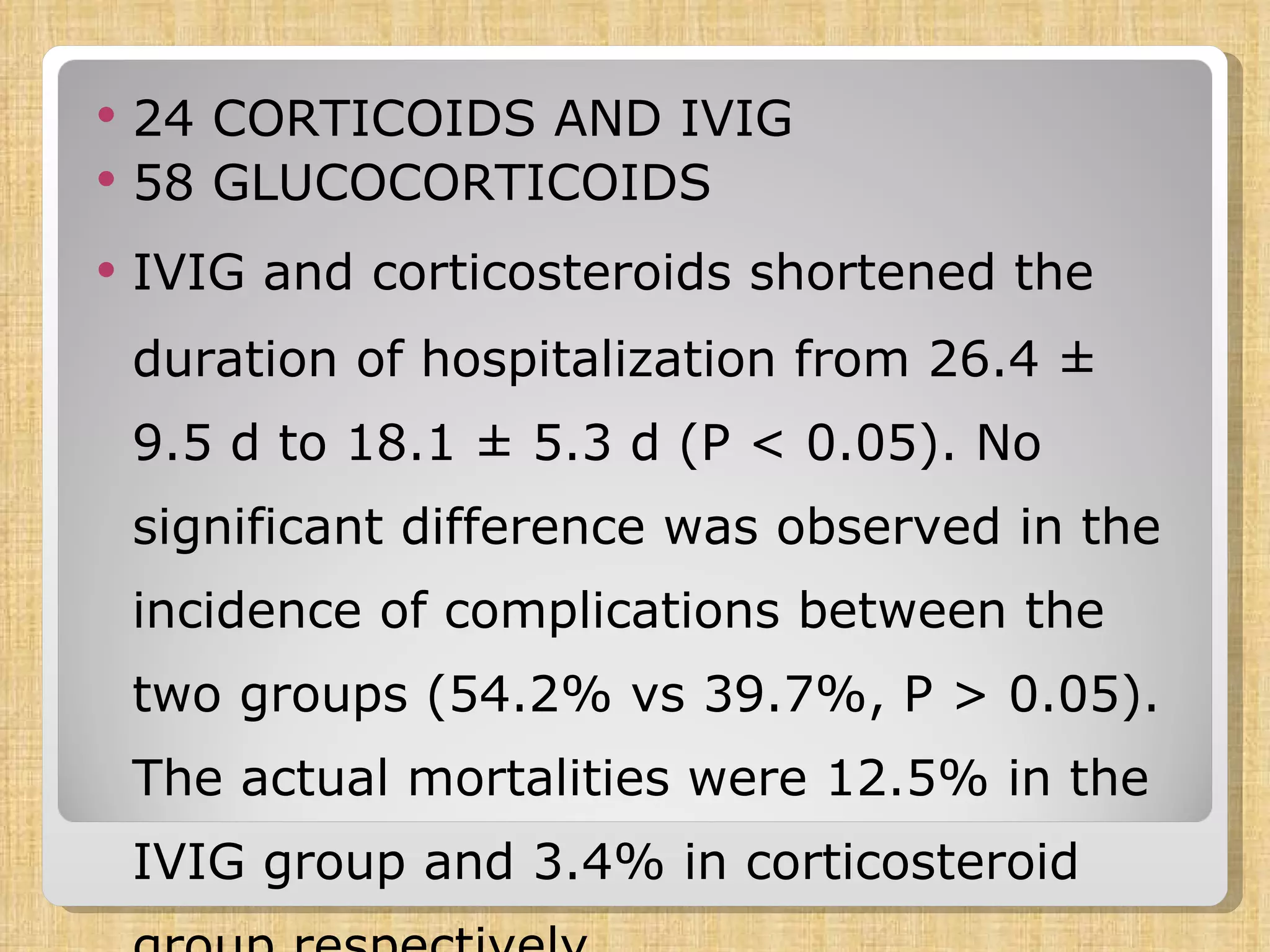 24 CORTICOIDS AND IVIG 58 GLUCOCORTICOIDS IVIG and corticosteroids shortened the   duration of hospitalization from 26.4 ± 9.5 d to 18.1 ± 5.3 d (P < 0.05). No significant difference was observed in the incidence of complications between the two groups (54.2% vs 39.7%, P > 0.05). The actual mortalities were 12.5% in the IVIG group and 3.4% in corticosteroid group respectively, 