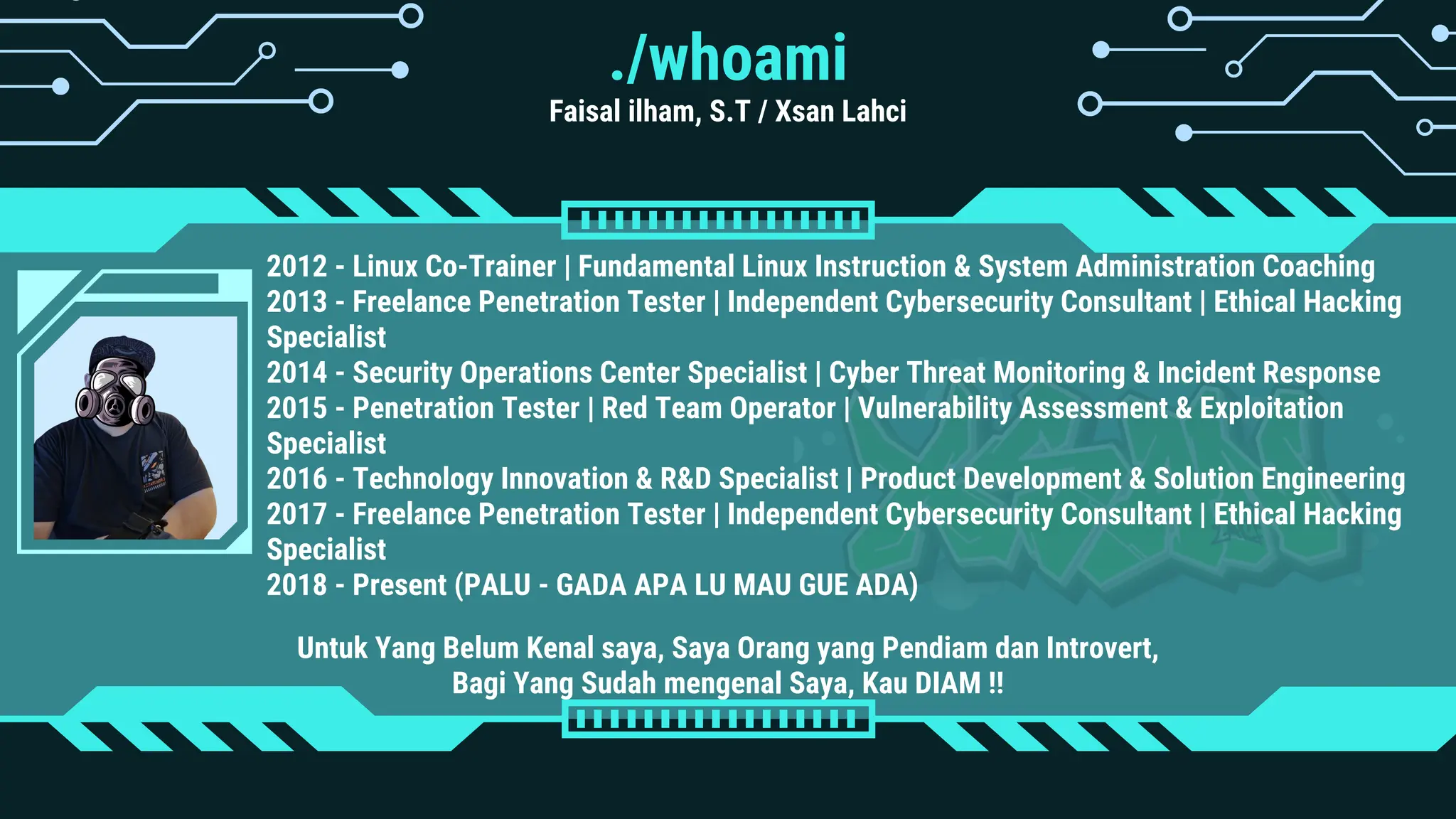 2012 - Linux Co-Trainer | Fundamental Linux Instruction & System Administration Coaching
2013 - Freelance Penetration Tester | Independent Cybersecurity Consultant | Ethical Hacking
Specialist
2014 - Security Operations Center Specialist | Cyber Threat Monitoring & Incident Response
2015 - Penetration Tester | Red Team Operator | Vulnerability Assessment & Exploitation
Specialist
2016 - Technology Innovation & R&D Specialist | Product Development & Solution Engineering
2017 - Freelance Penetration Tester | Independent Cybersecurity Consultant | Ethical Hacking
Specialist
2018 - Present (PALU - GADA APA LU MAU GUE ADA)
./whoami
Faisal ilham, S.T / Xsan Lahci
Untuk Yang Belum Kenal saya, Saya Orang yang Pendiam dan Introvert,
Bagi Yang Sudah mengenal Saya, Kau DIAM !!
 