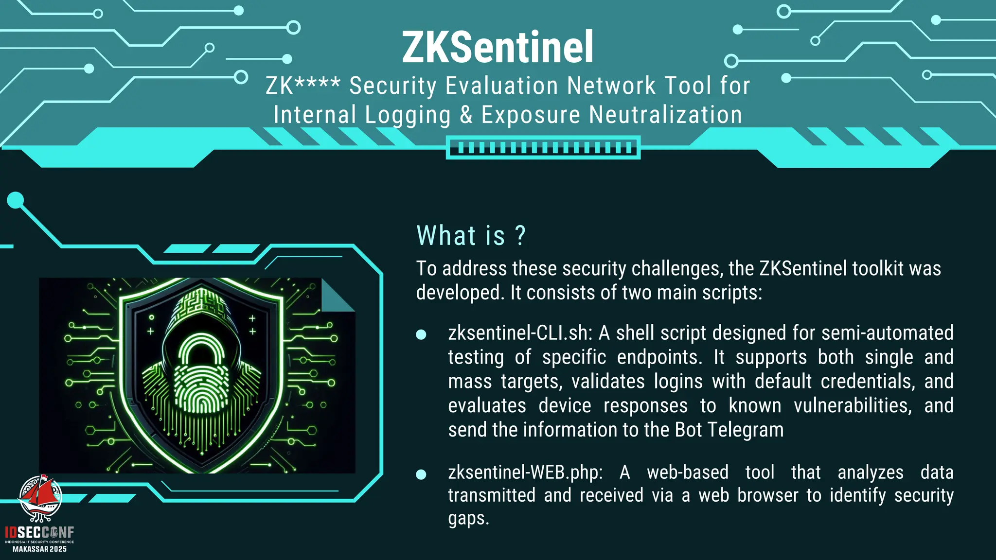 ZKSentinel
To address these security challenges, the ZKSentinel toolkit was
developed. It consists of two main scripts:
What is ?
zksentinel-CLI.sh: A shell script designed for semi-automated
testing of specific endpoints. It supports both single and
mass targets, validates logins with default credentials, and
evaluates device responses to known vulnerabilities, and
send the information to the Bot Telegram
ZK**** Security Evaluation Network Tool for
Internal Logging & Exposure Neutralization
zksentinel-WEB.php: A web-based tool that analyzes data
transmitted and received via a web browser to identify security
gaps.
 