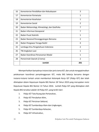 Kebijakan Satu Peta untuk Pembangunan Indonesia 17
7. Pokja IGT Integrasi Informasi Geospasial dan Statistik,
8. Pokja IGT...
