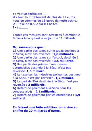 de voir un spécialiste ...
d - Pour tout traitement de plus de 91 euros,
nous en sommes de 18 euros de notre poche.
e - Taxe de 0,50c sur les boites..
f - etc.......

Toutes ces mesures sont destinées à combler le
fameux trou qui est à ce jour de 11 milliards.


Or, savez-vous que :
1) Une partie des taxes sur le tabac destinée à
la Sécu, n'est pas reversée : 7,8 milliards.
2) Une partie des taxes sur l'alcool, destinée à
la Sécu, n'est pas reversée : 3,5 milliards.
3) Une partie des primes d'assurances
automobiles destinée à la Sécu, n'est pas
reversée : 1,6 milliard.
4) La taxe sur les industries polluantes destinée
à la Sécu, n'est pas reversée : 1,2 milliard.
5) La part de TVA destinée à la Sécu n'est pas
reversée : 2 milliards.
6) Retard de paiement à la Sécu pour les
contrats aidés : 2,1 milliards.
7) Retard de paiement par les entreprises : 1,9
milliard.


En faisant une bête addition, on arrive au
chiffre de 20 milliards d'euros.
 
