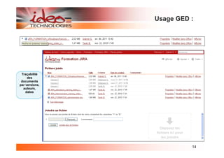 Usage GED :




 Traçabilité
     des
 documents
par versions,
  auteurs,
    dates




                          14
 