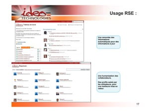 Usage RSE :




Une remontée des
informations
automatiques pour des
informations à jour




Une humanisation des
collaborateurs.

Des profils saisis par
les utilisateurs, pour
une meilleure mise en
valeur.




                         17
 