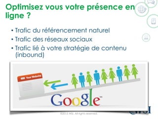Optimisez vous votre présence en
ligne ?
• Trafic du référencement naturel
• Trafic des réseaux sociaux
• Trafic lié à votre stratégie de contenu
(inbound)
©2015 WSI. All rights reserved.
 