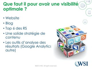 Que faut il pour avoir une visibilité
optimale ?
• Website
• Blog
• Top 6 des RS
• Une solide stratégie de
contenu
• Les outils d’analyse des
résultats (Google Analytics ou
autre)
©2015 WSI. All rights reserved.
 