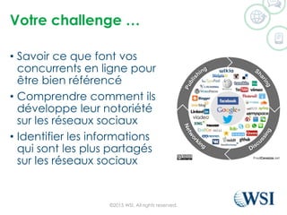 Votre challenge …
• Savoir ce que font vos
concurrents en ligne pour
être bien référencé
• Comprendre comment ils
développe leur notoriété
sur les réseaux sociaux
• Identifier les informations
qui sont les plus partagés
sur les réseaux sociaux
©2015 WSI. All rights reserved.
 