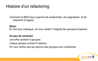 Histoire d’un refactoring
Comment le BDD nous a permis de comprendre, de s’approprier et de
refactorer le legacy.!
!
Story:
En tant que catalogue, Je veux valider l'intégrité des groupes d’options

!
Un peu de contexte!
une offre contient X groupes

chaque groupe contient X options

On veut vérifier que les options des groupes sont cohérentes
 